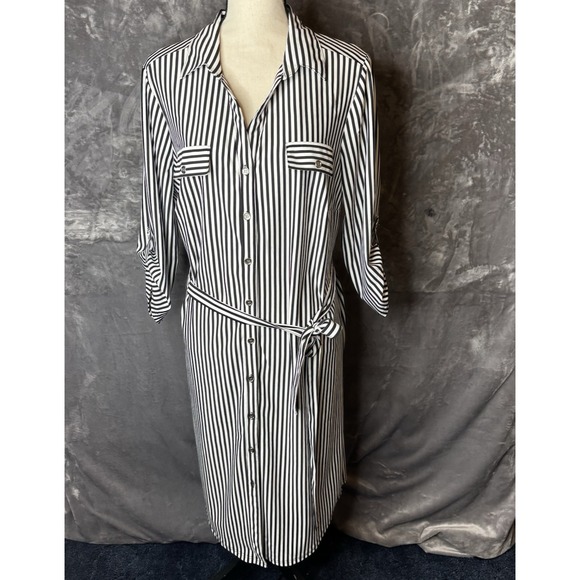 Mlle Gabrielle Dress‎ 2X Plus White Black Pinstripe Button Front Shirt Dress - Picture 1 of 15
